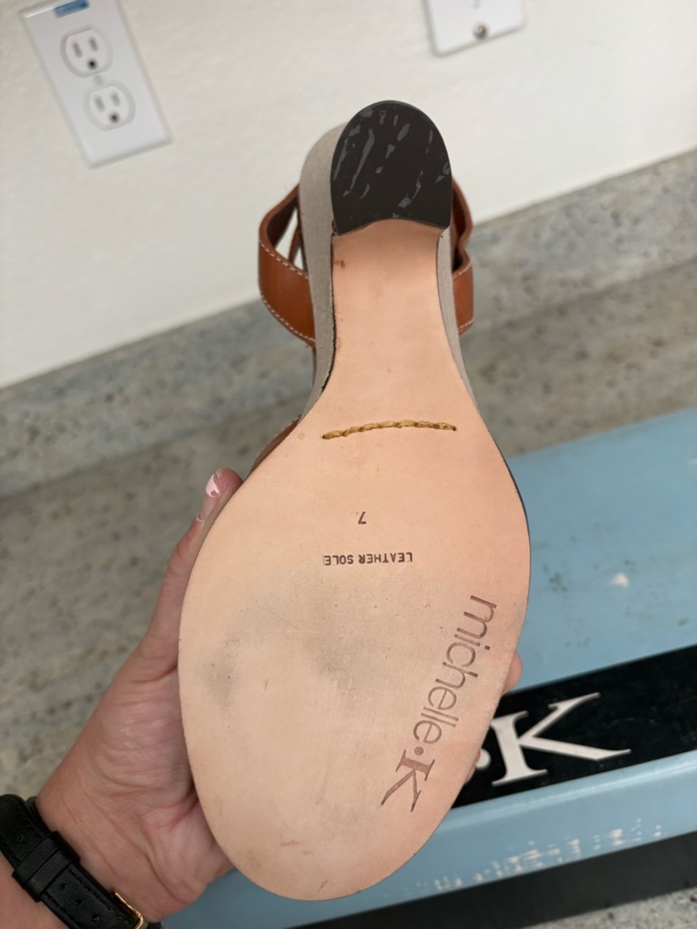 Michelle K Tan Leather & Cream Canvas Slingback Heel - Picture 3 of 3